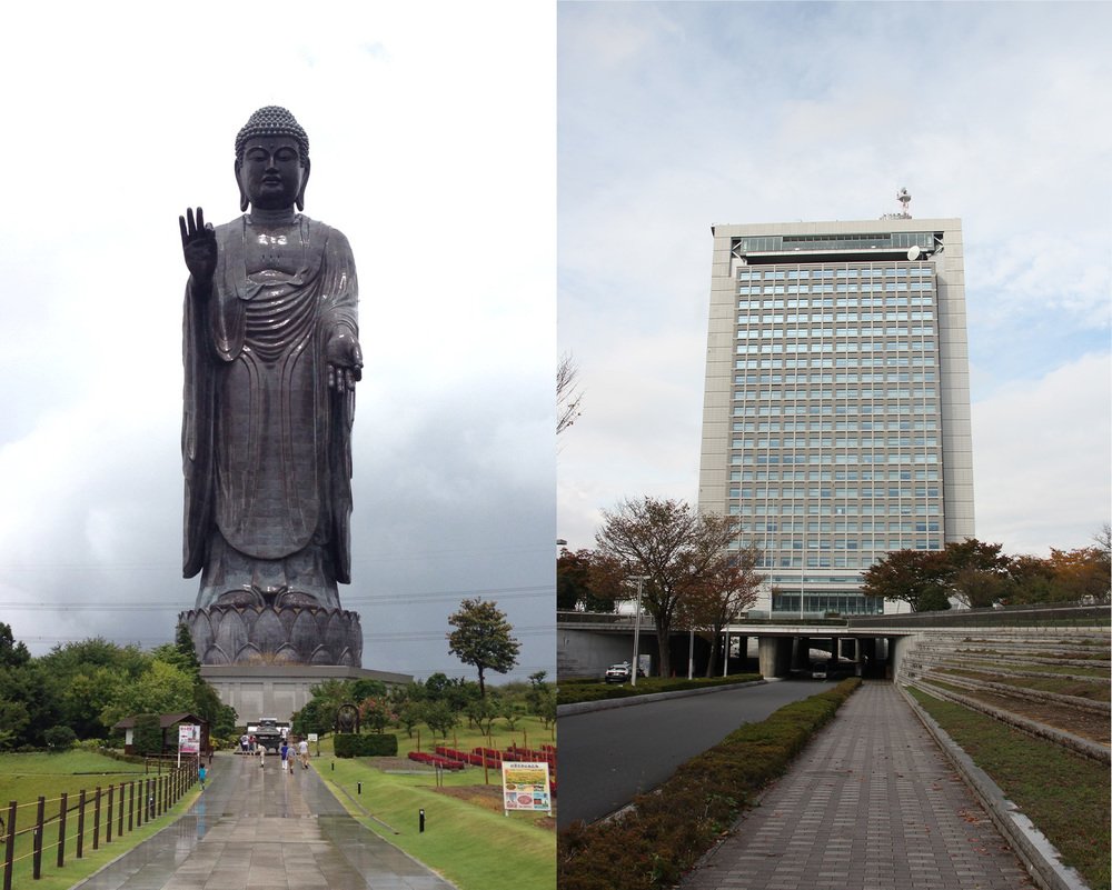 牛久大仏と茨城県庁（牛久大仏はHiroaki Kikuchiさん撮影、Wikimedia Commonsより。県庁は編集部撮影）