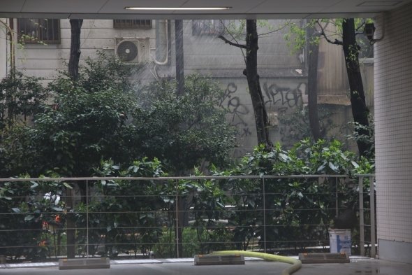 放水が建物の向こう側で行われていた