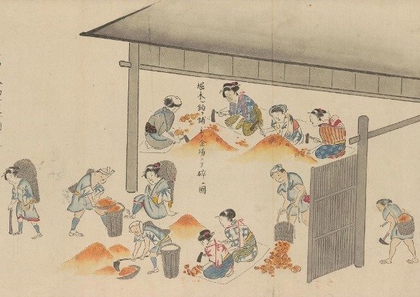 「阿仁鉱山　銅山働方之図」。鉱山の作業場に女性の姿が多く見られる。中には赤ん坊を背負った女性も......（秋田大学「鉱山絵図・絵巻デジタルギャラリー」より）