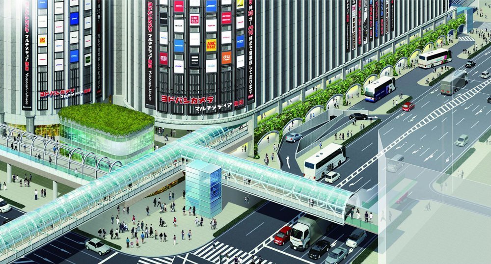 新阪急ホテル側などからアクセスできる回遊デッキ（芝1デッキ）