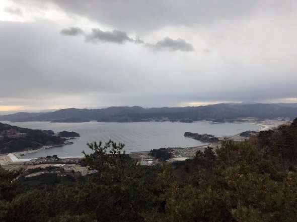 箱根山の展望台から眺める陸前高田市内。U字型の平野部が見て取れる。