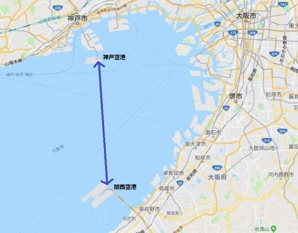 神戸空港と関空を地図のように海路で行き来する（Googlemapより）