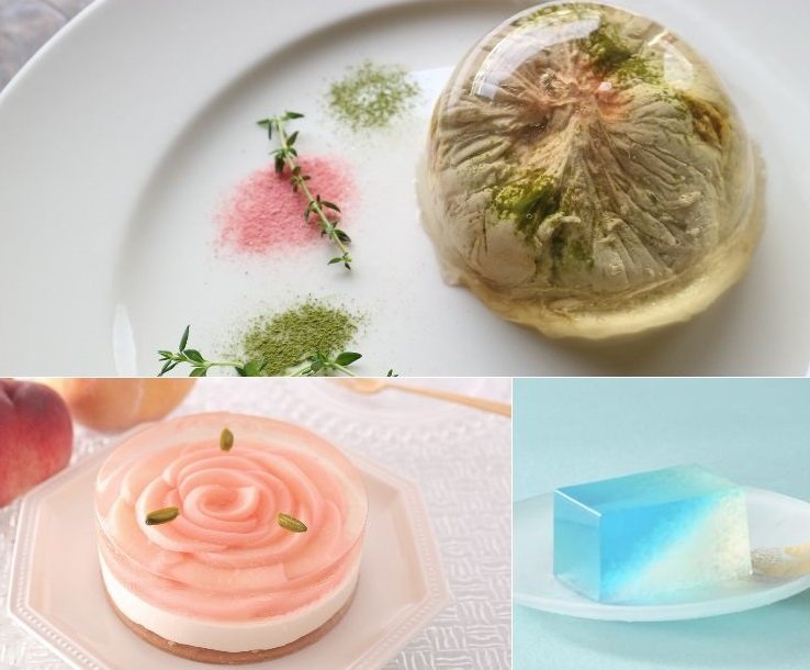 ガーデンクオーツティラミス（上）、桃のレアチーズデザート（左下）、清流めぐり（右下）