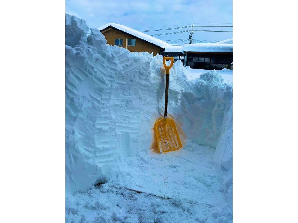 「塹壕戦に突入してる」と呟く投稿者。スコップの長さ程の積雪量である...