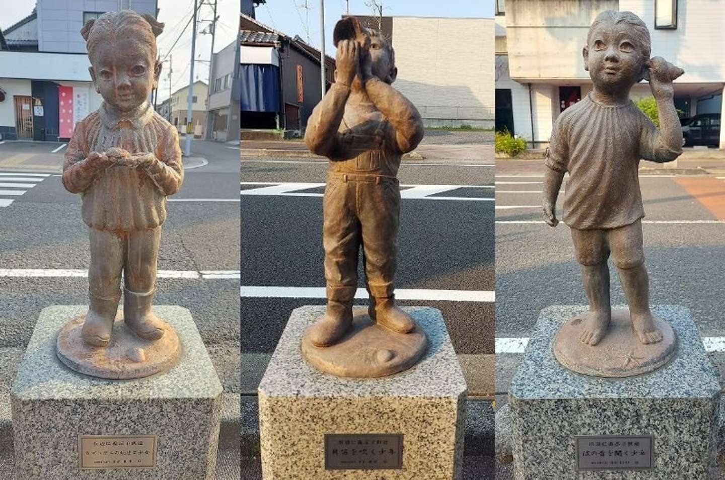左からカブトガニの幼生と少女、貝笛を吹く少年、波の音を聞く少女(画像は東予郷土館提供)