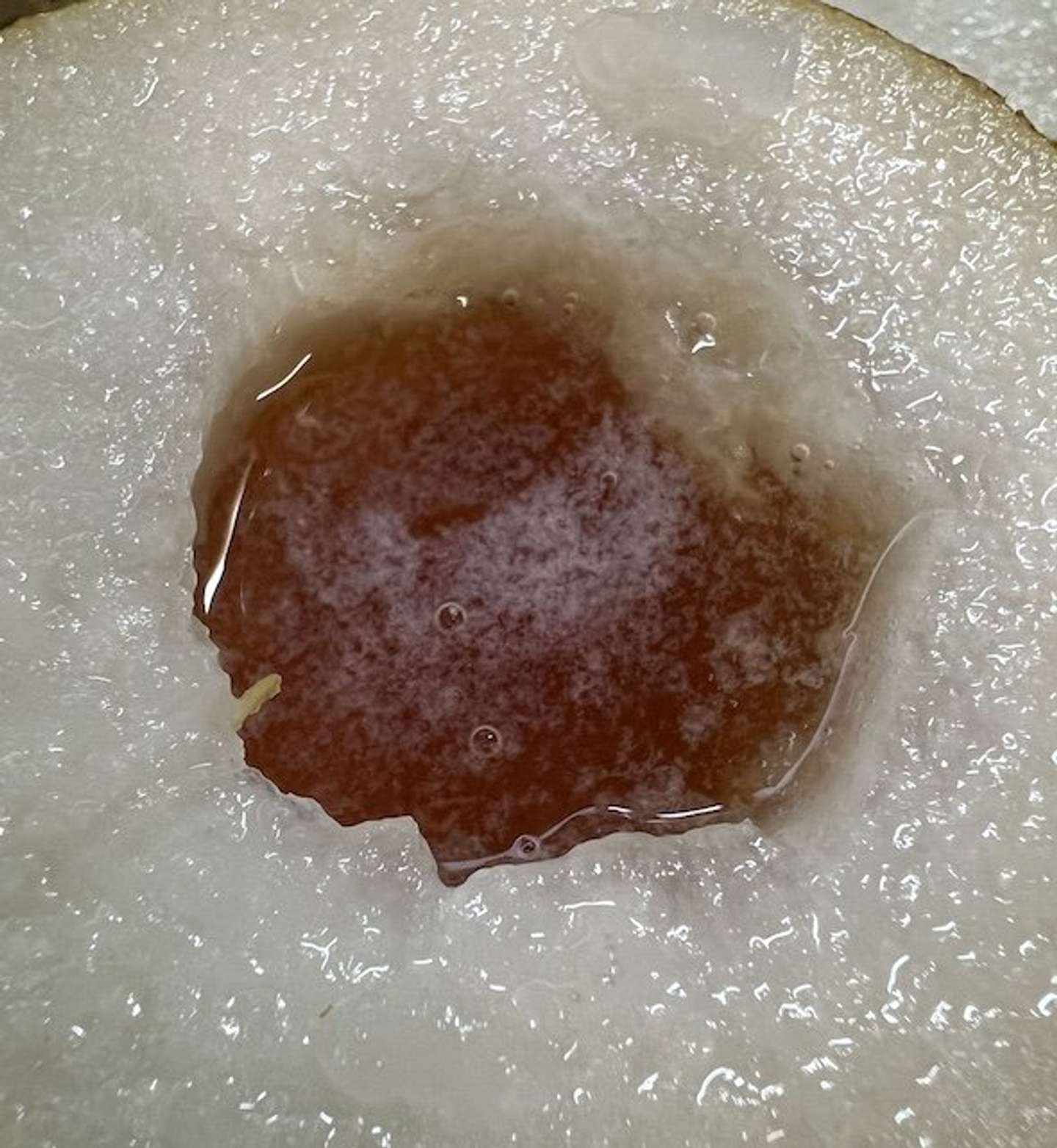 梨に開けた穴に、蜂蜜を注ぎ込む（写真：Jタウンネット記者）
