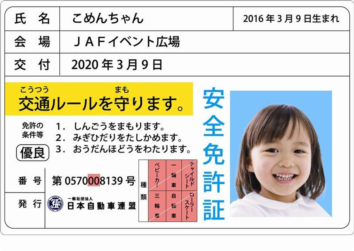 JAFこども安全免許証(画像提供:JAF)