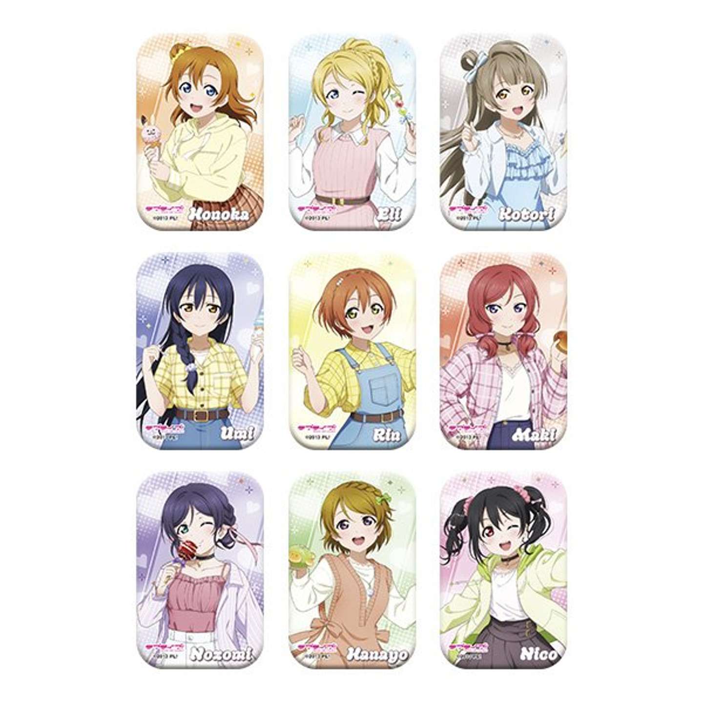 ラブライブ！ μ's ＆ Aqours×レジャフェス　グッズ　スクエアバッジコレクションμ's（全9種）<br />
1個440円、1BOX（9個入り）3960円