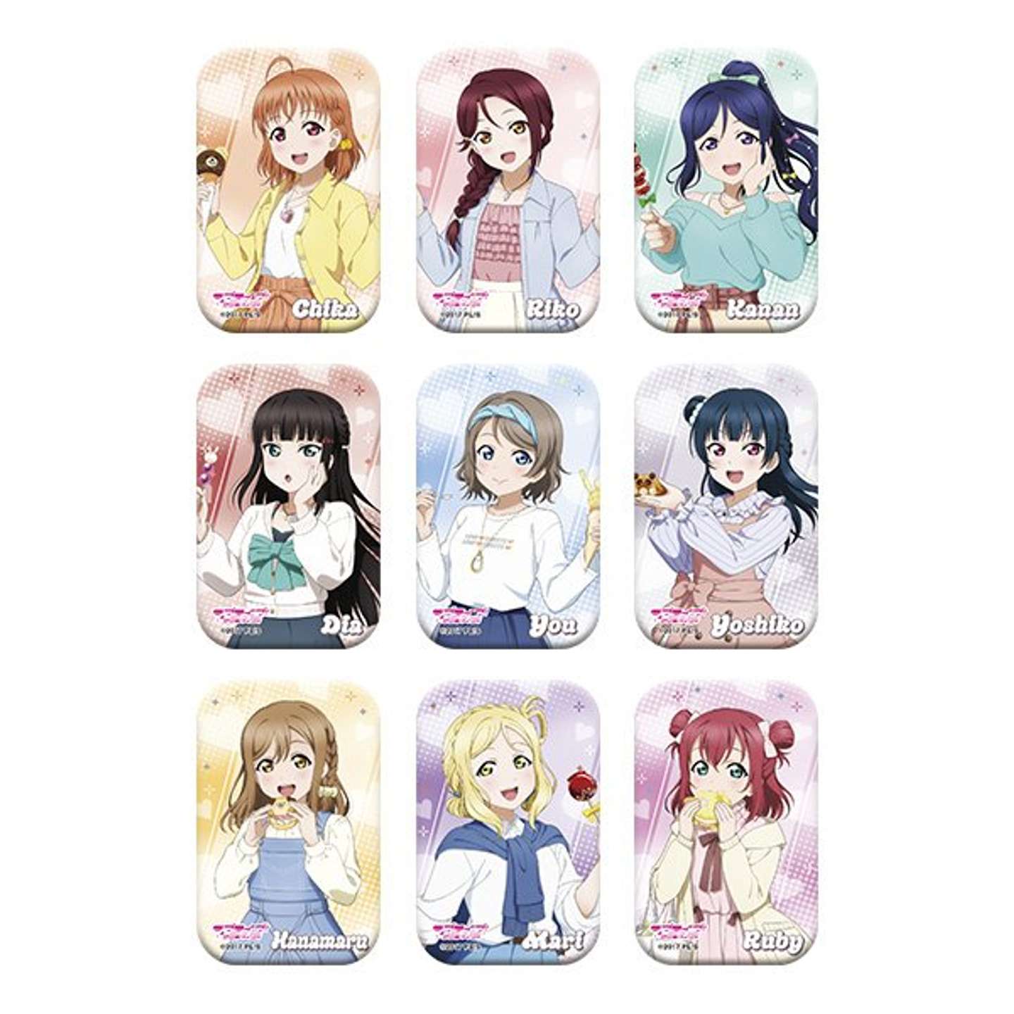 ラブライブ！ μ's ＆ Aqours×レジャフェス　グッズ　スクエアバッジコレクションAqours（全9種）<br />
1個440円、1BOX（9個入り）3960円
