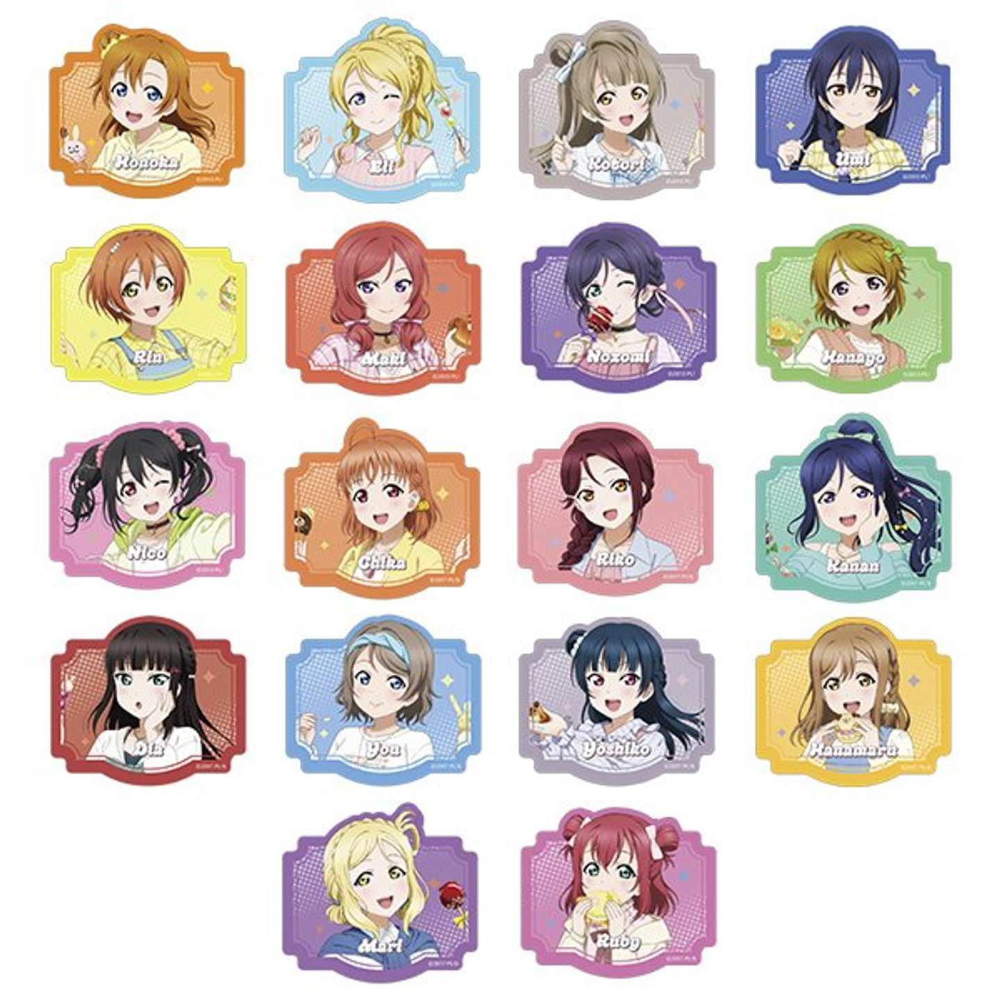 ラブライブ！ μ's ＆ Aqours×レジャフェス　グッズ　ぺたコレクション（全18種）<br />
1パック（2枚入り）440円、１BOX（9パック入り）3960円