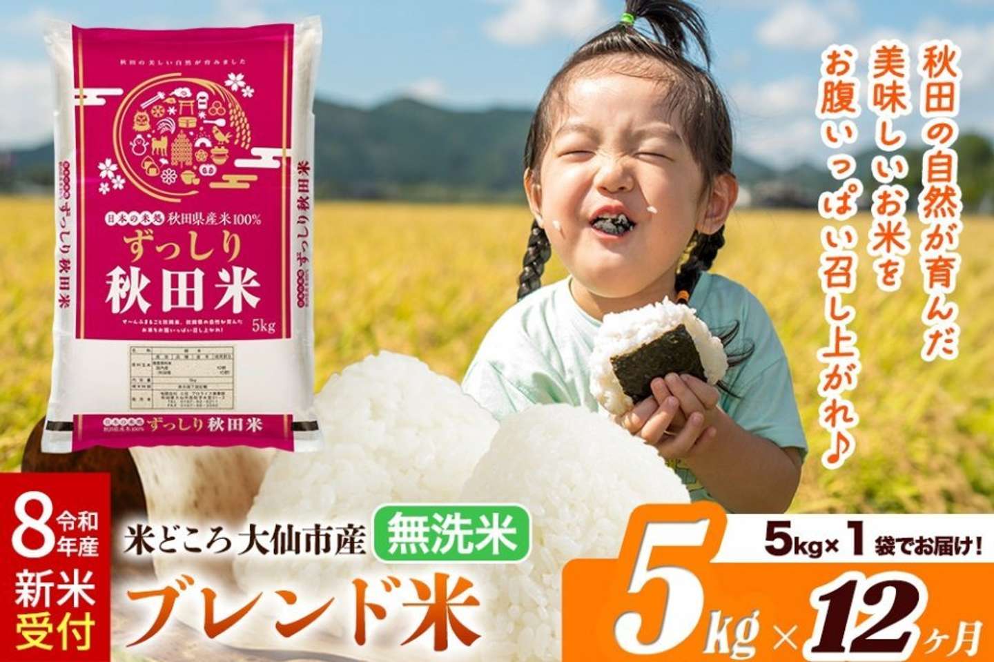秋田県 大仙市「《定期便12ヶ月》米どころ 秋田県大仙市産 ブレンド米【無洗米】5kg」102,000円（ふるさとチョイスより）